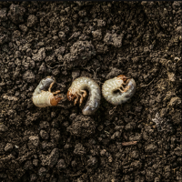 three grubs curled up in soil